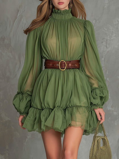 Stylish And Elegant Green Chiffon Puff Sleeve Ruffle Mini Dress