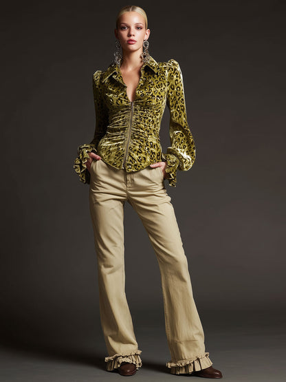 Casual Retro Cotton Fabric Ruffled Light Khaki Straight-leg Flared Pants