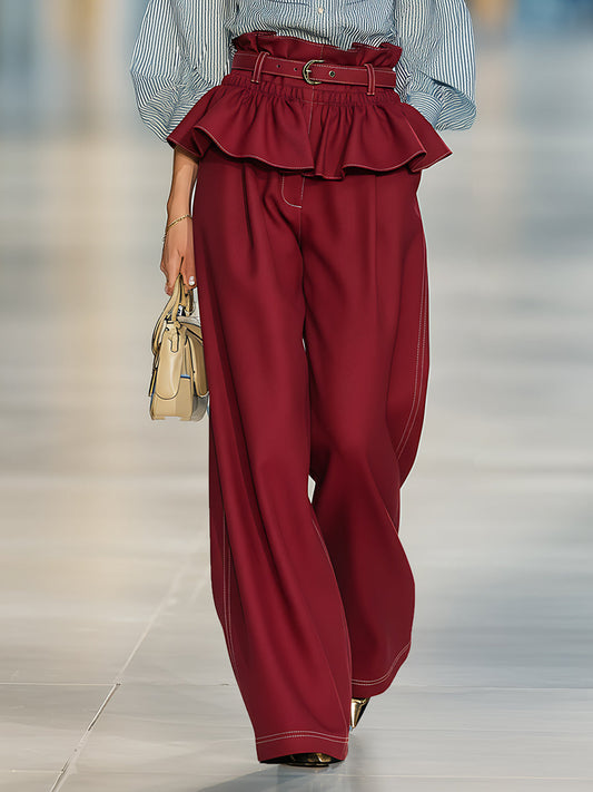 Retro-chic Red Cotton Ruffled Waist Wide-leg Pants