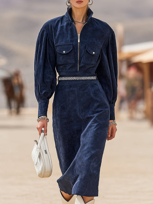 Western Retro Stand-up Collar Zip-up Dark Blue Faux Suede Midi Dress