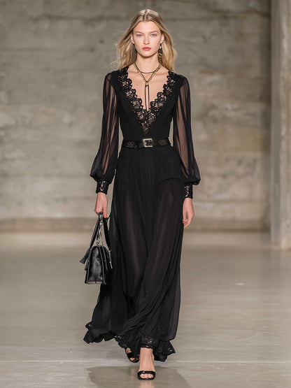 Stylish And Classic Black Chiffon And Lace Maxi Dress