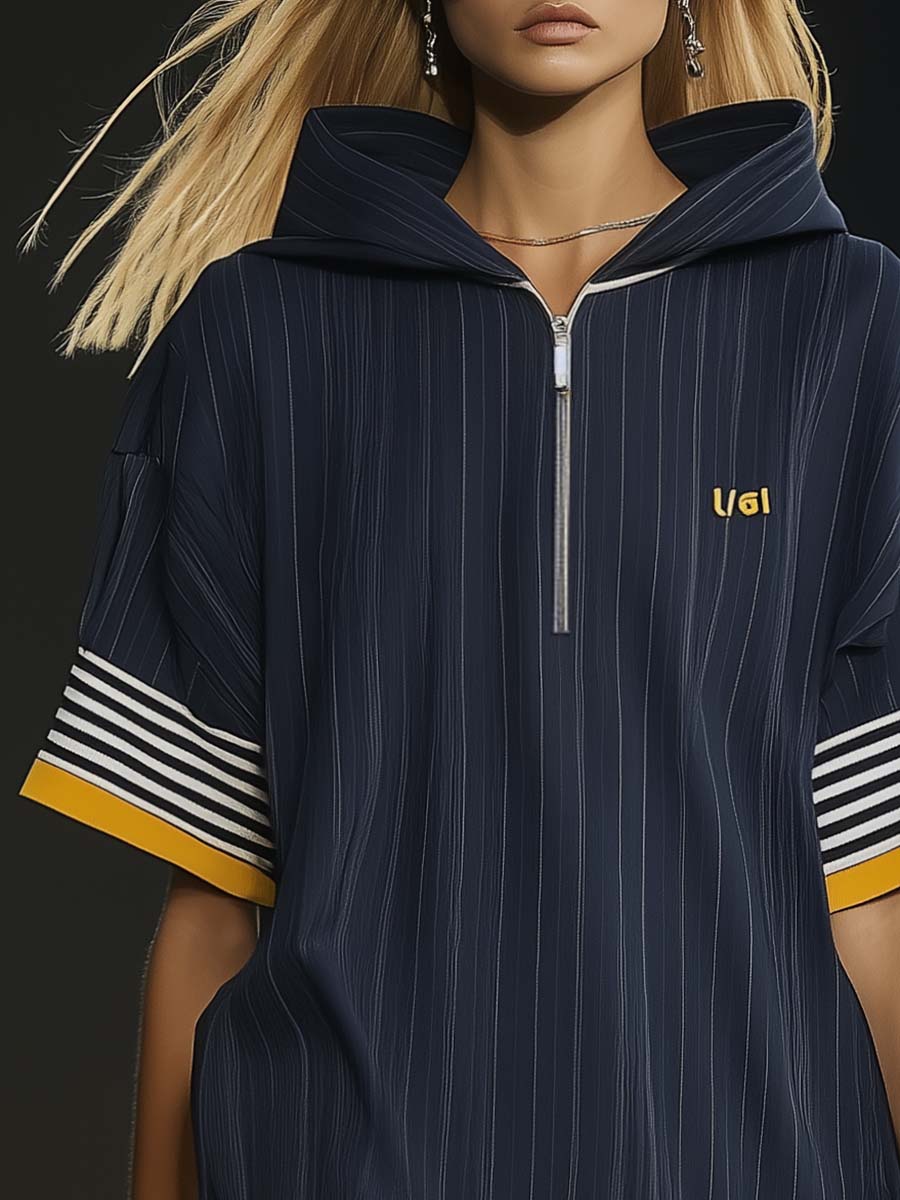 Casual Ultra-loose Front Zipper Short-sleeved Ruffled Hem Navy Blue Hoodie Style Mini Dress