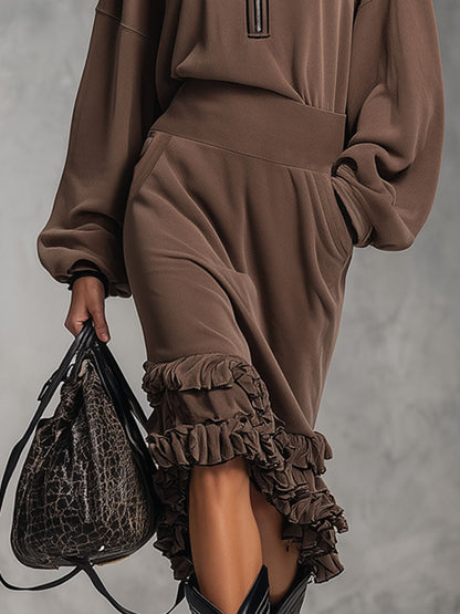 A Loose-fitting Stand-up Collar Zip-up Top And Ruffled Skirt Set.