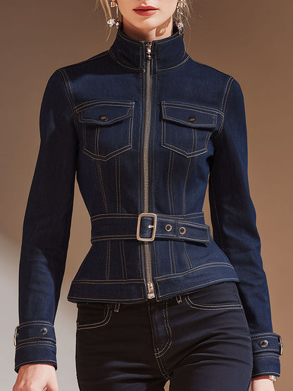 Stylish Retro Zip-up Blue Denim Jacket