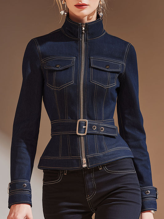Stylish Retro Zip-up Blue Denim Jacket