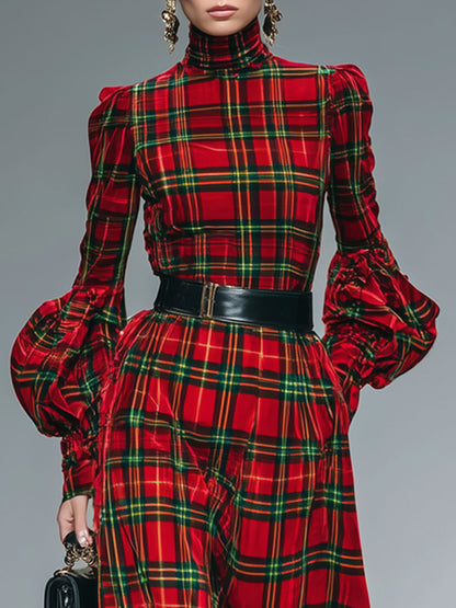 Trendy Retro Red And Green Plaid Velvet Lantern Sleeve Maxi Dress