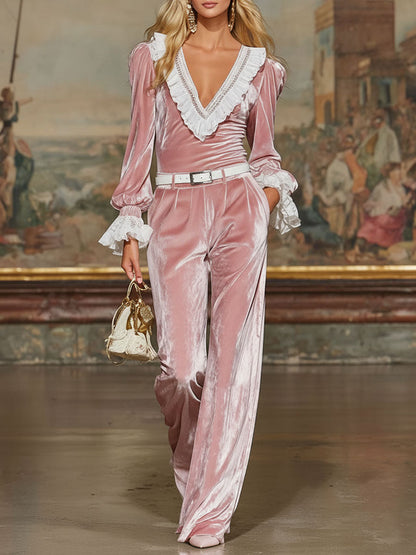 Velvet-trimmed Lace-trimmed Top And Wide-leg Pants Set