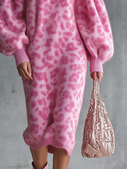 Casual Fashion Retro Crew Neck Puff Sleeves Pink Leopard Print Knit Midi Dress