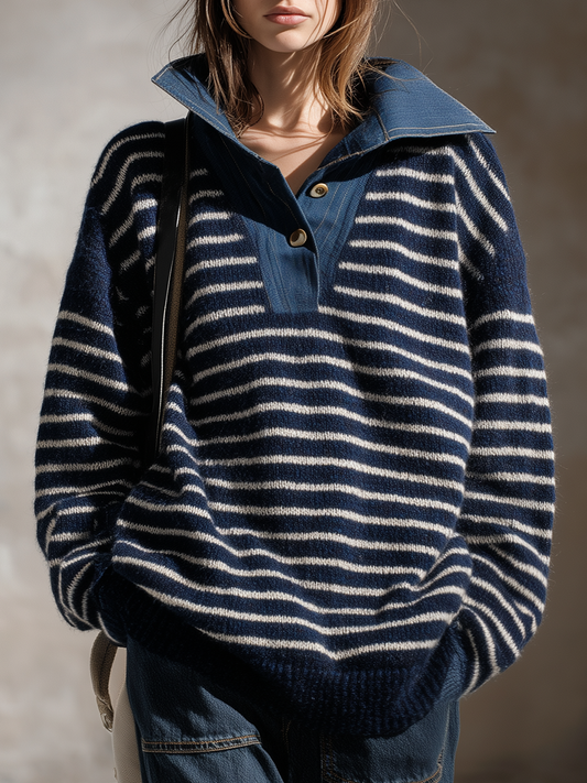Retro-style Denim Collared Striped Knit Sweater