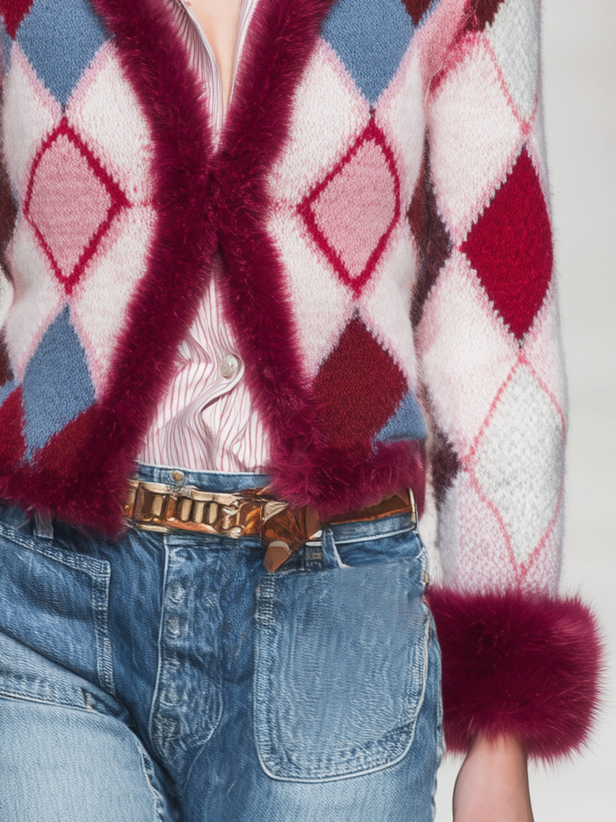 Trendy Retro Patterned Faux Fur Collar Knit Cardigan