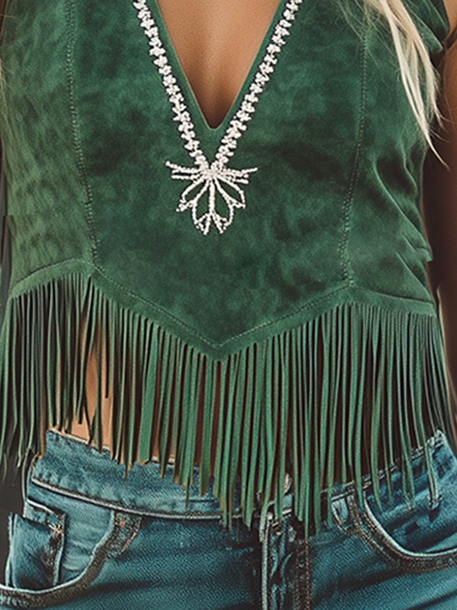 Vintage Rich Green Suede Embroidered Tassel Top