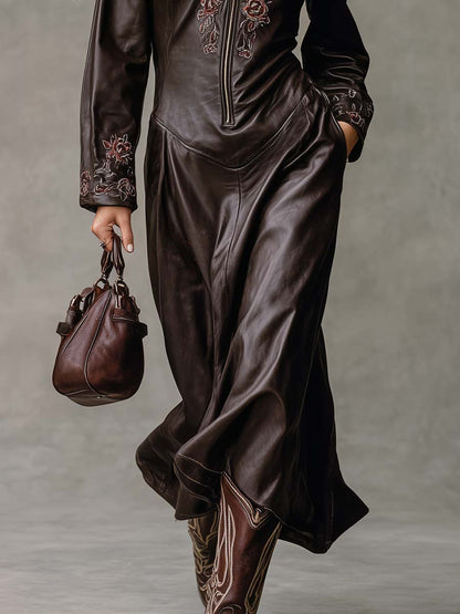 Vintage Western Embroidered Lapel Front Zipper Dark Brown Leather Midi Dress