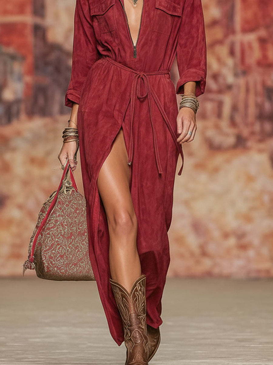Western-style Lapel Double Pocket Drawstring Faux Suede Maxi Dress