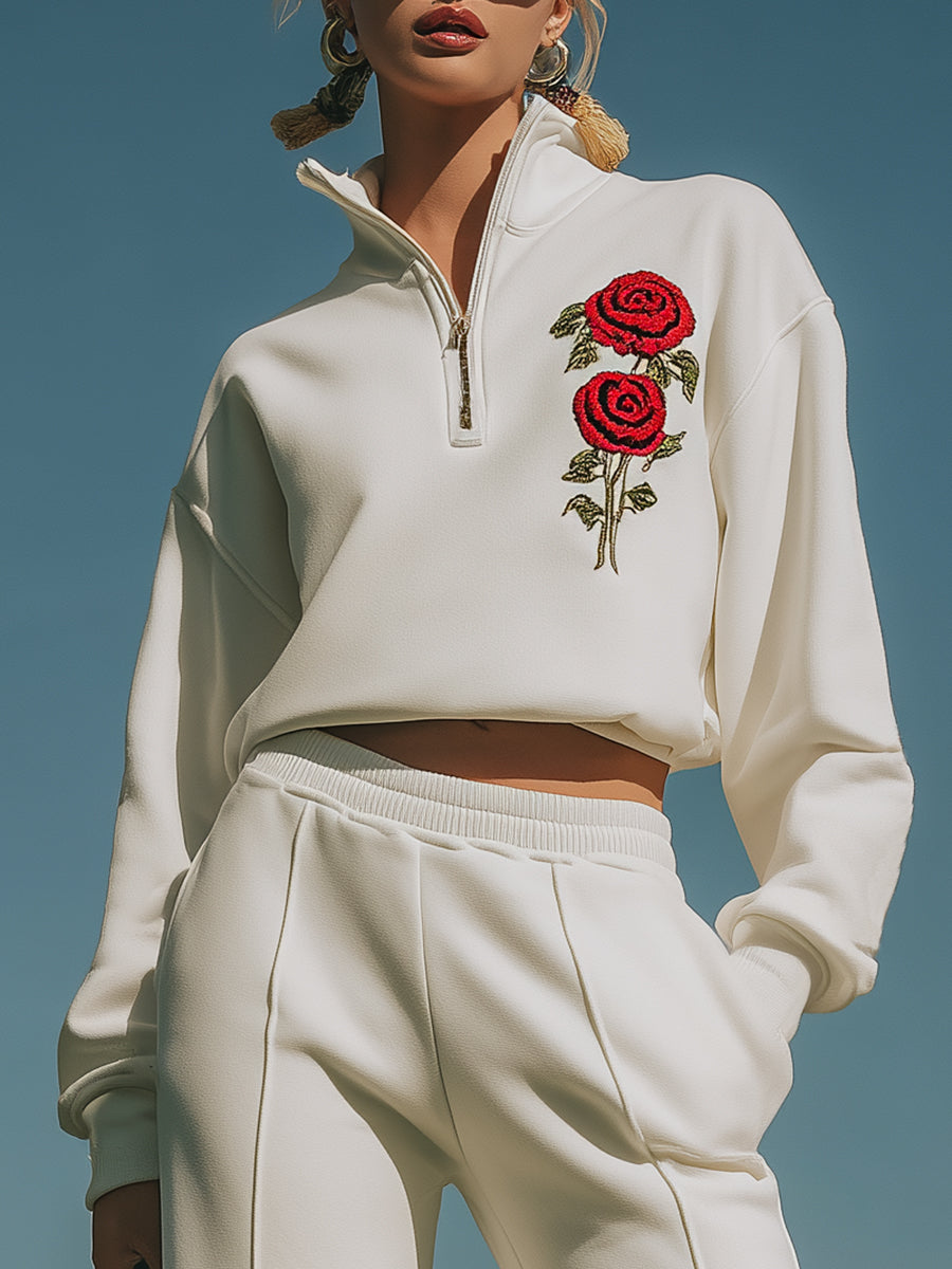 Ballet-inspired Sporty Red Floral Embroidered Lace Patchwork White Sweatshirt And Flared Pants Set