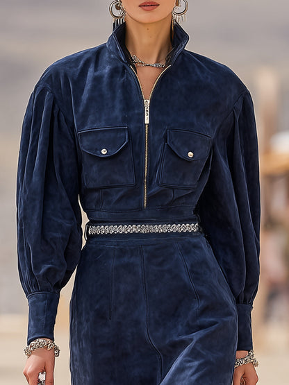 Western Retro Stand-up Collar Zip-up Dark Blue Faux Suede Midi Dress