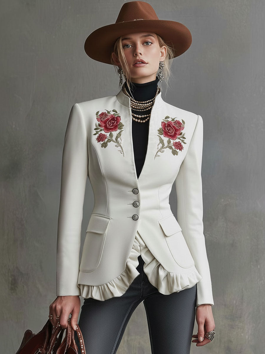Stand-up Collar Single-breasted Double-pocket Rose-embroidered Woolen Blazer