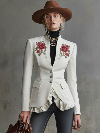 Stand-up Collar Single-breasted Double-pocket Rose-embroidered Woolen Blazer