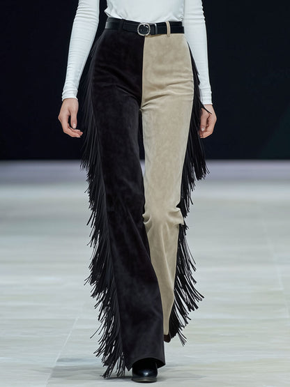 Western Retro-style Fringed Color-blocked Faux Suede Pants