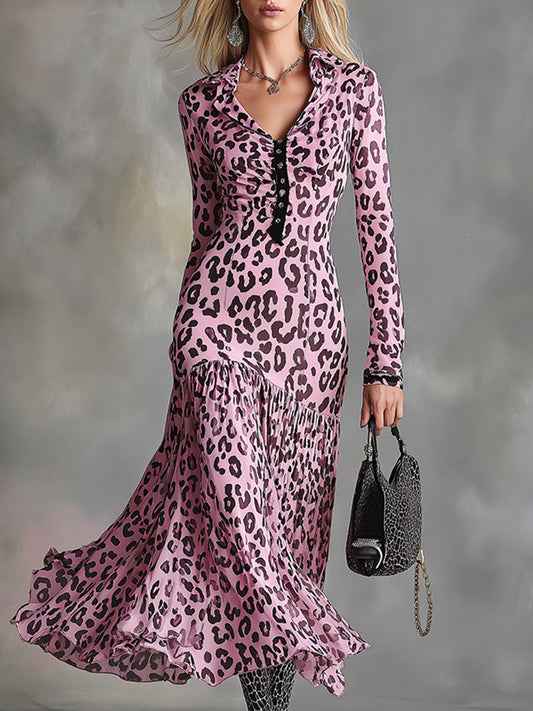 Stylish And Sexy Pink Leopard Print Chiffon Maxi Dress