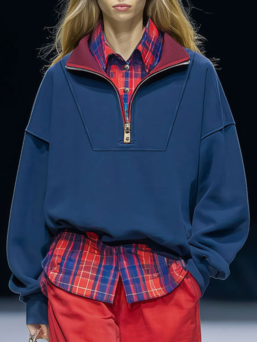 Casual Retro-style Two-piece Red Plaid Shirt With Half-zip And Dark Blue Sweatshirt
