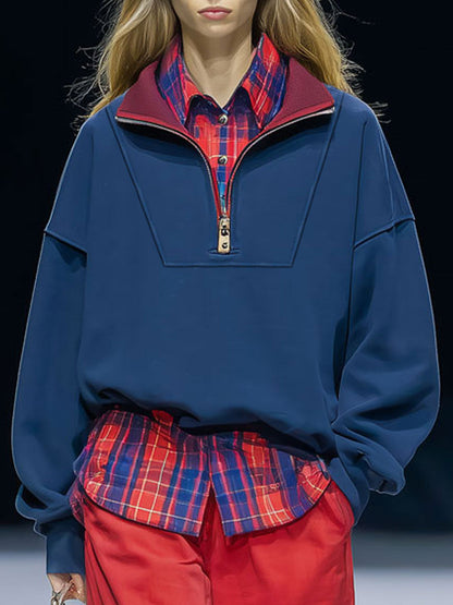 Casual Retro-style Two-piece Red Plaid Shirt With Half-zip And Dark Blue Sweatshirt