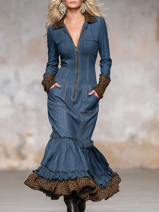 Retro-style Denim Patchwork Leopard Print Zipper Maxi Dress