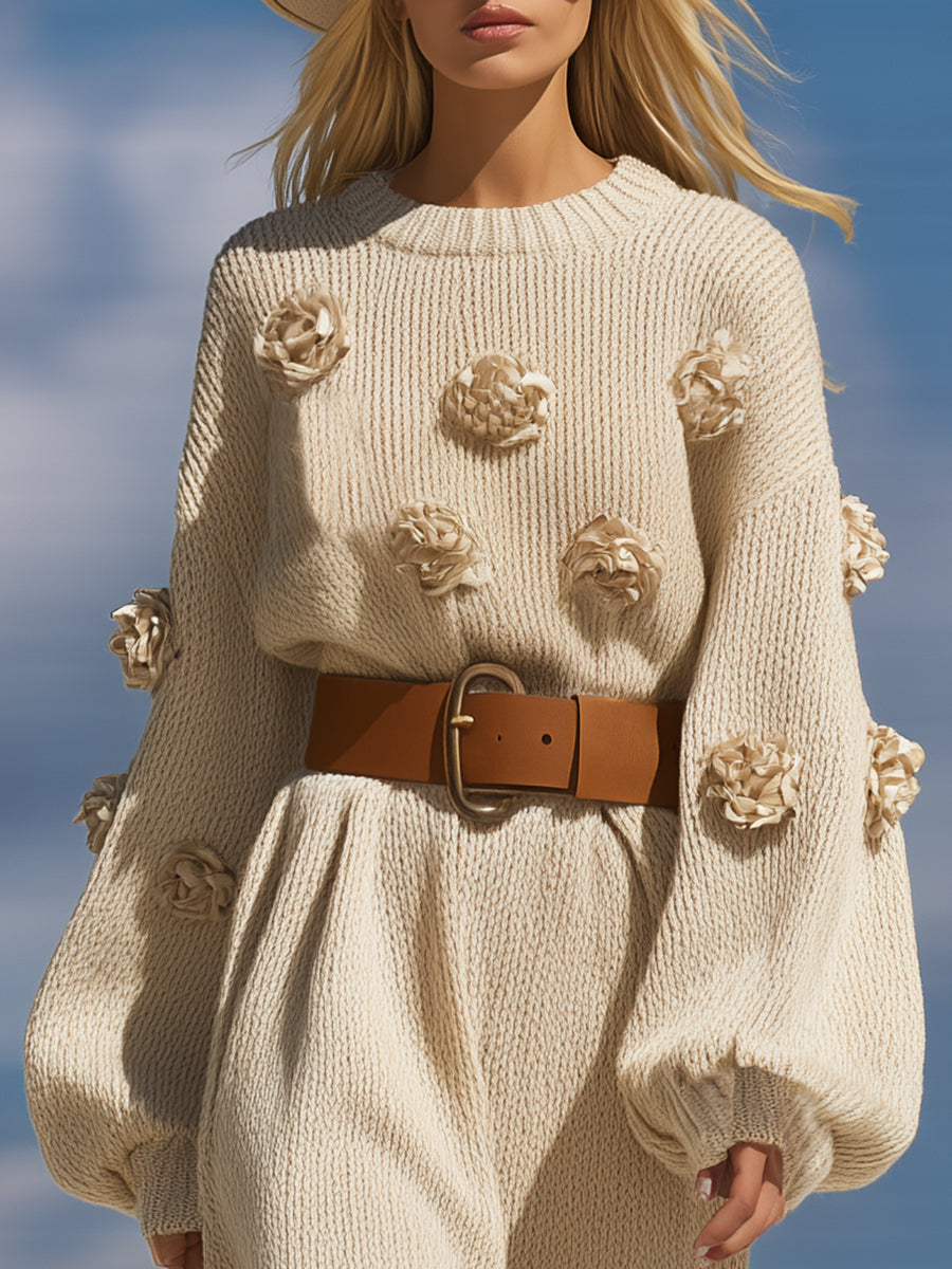 Casual And Stylish 3D Floral Embellishments Beige Loose-fitting Knit Midi Dress