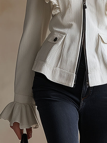 Casual Retro Ruffled White Corduroy And Denim Zip-up Jacket