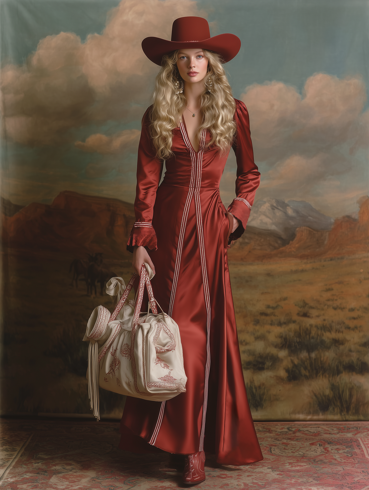 Romantic Western-style V-neck Red Satin Maxi Dress