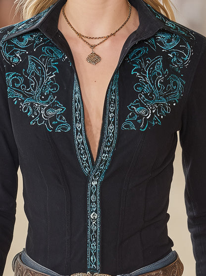 Western-style Black Faux Suede Collar Green Embroidered Shirt