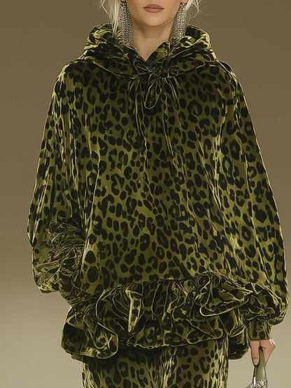 Casual Retro Green Leopard Print Velvet Print Midi Skirt Set