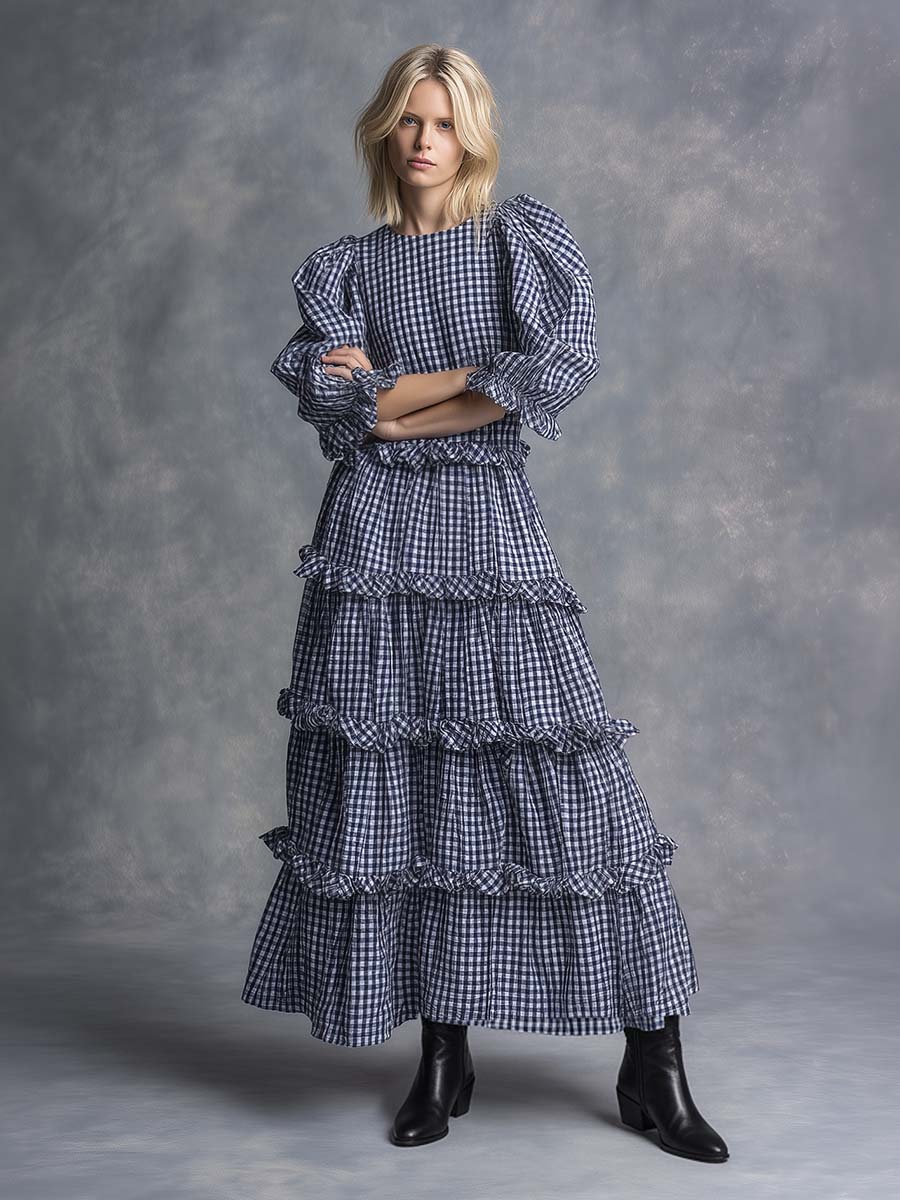 Western Countryside Round Neck Multi-layered Pleats Ruffled Hem Black And White Checkered Maxi Dress