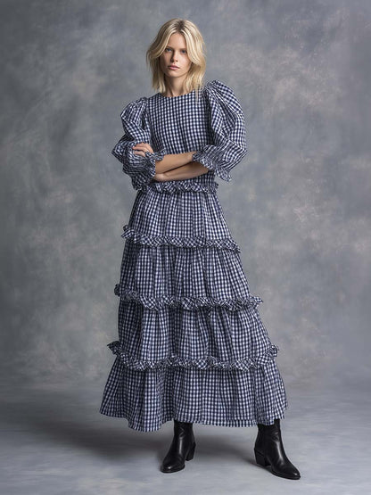 Western Countryside Round Neck Multi-layered Pleats Ruffled Hem Black And White Checkered Maxi Dress
