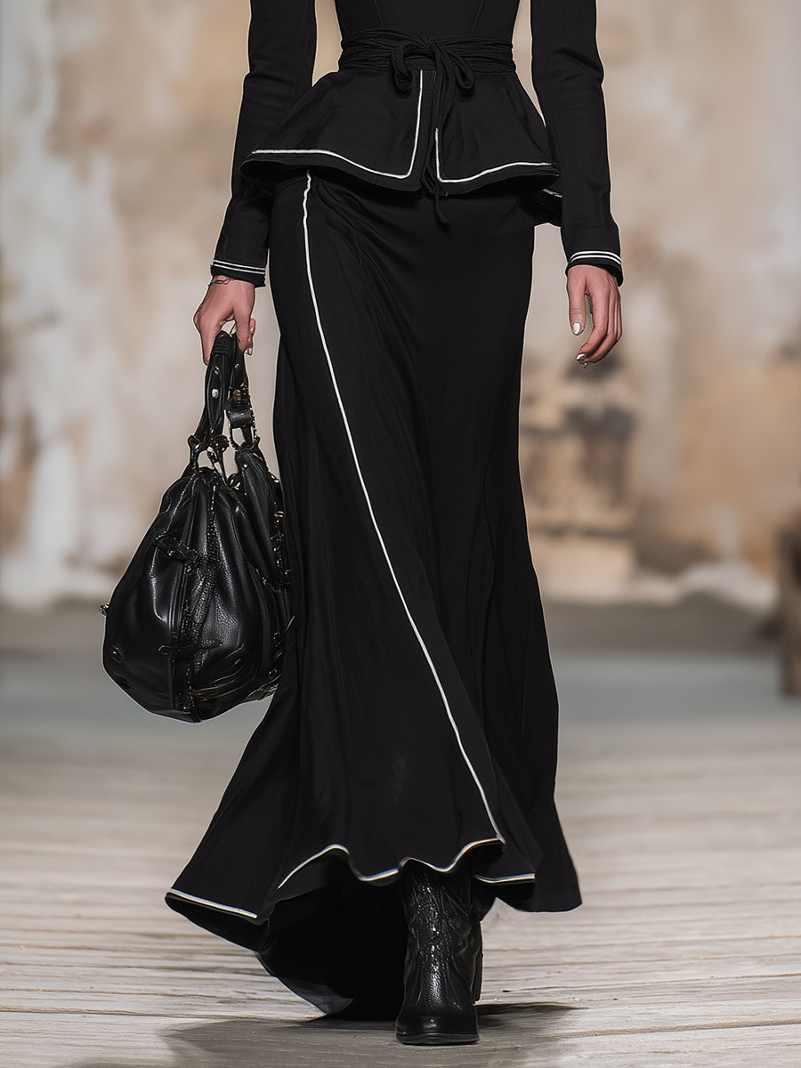 Simple And Stylish White Collared Black Jacket And Skirt Set