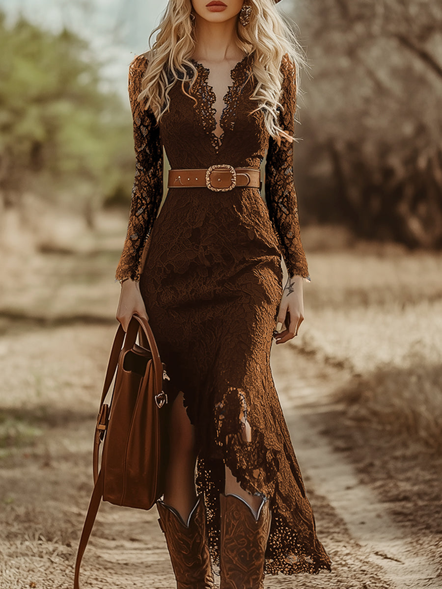 Vintage Bohemian Blue Lace Long Sleeve Midi Dress