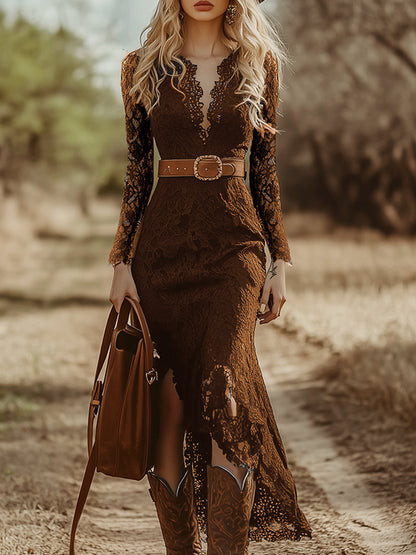 Vintage Bohemian Blue Lace Long Sleeve Midi Dress