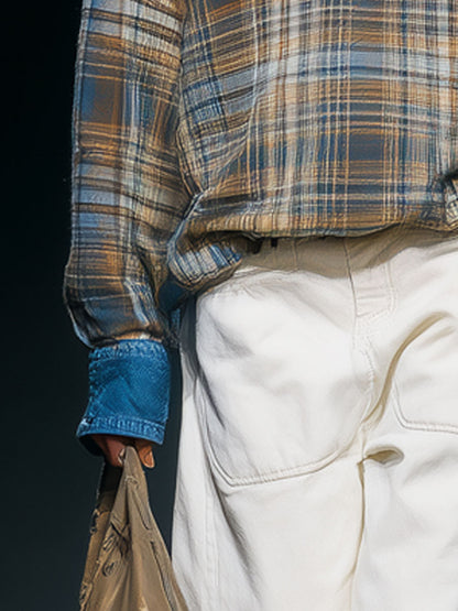 Casual Retro Blue Denim-trimmed Plaid Sweatshirt