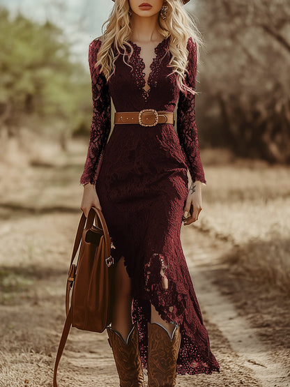 Vintage Bohemian Blue Lace Long Sleeve Midi Dress
