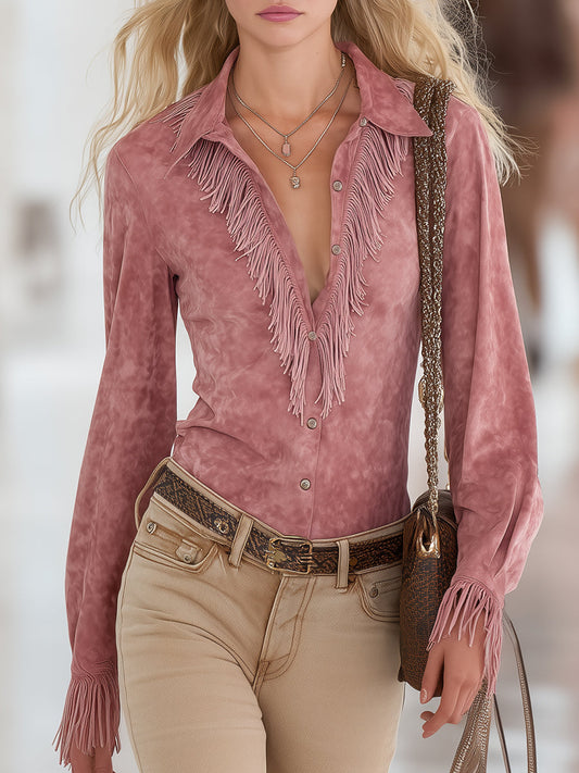 Retro-style Pink Faux Suede Tassel Shirt