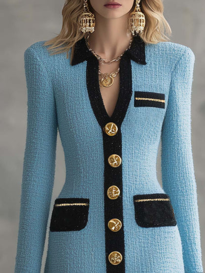 Vintage Classic V-neck Front Metal Button Black Trim Sky Blue Tweed Mini Dress