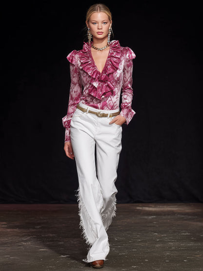 Stylish Retro Frayed White Flared Jeans