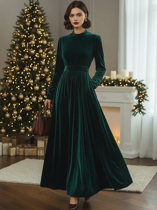 Stand Collar Loose Party Pocket Solid Velvet Long Sleeve Maxi Dress