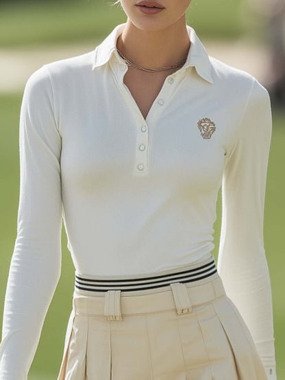 Vintage Fashion Sporty Long-sleeved POLO Top And Waist Pinstripe Pleated Skirt Set