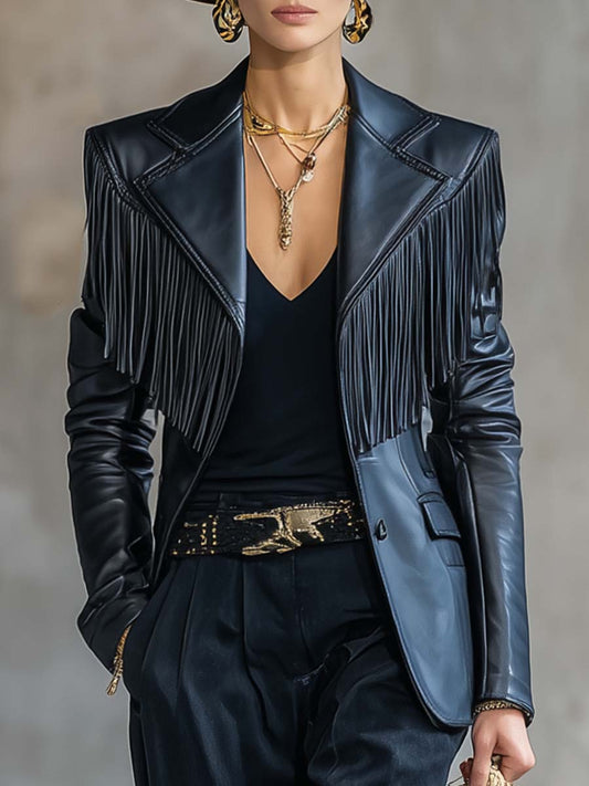 Vintage Fashion Handsome Notch Lapel Shoulder Tassel Decoration Black Leather X-shaped Blazer