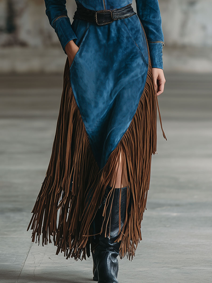 Western Retro Half-Zip Long-Sleeved Dark Blue Faux Suede Tassel Maxi Dress
