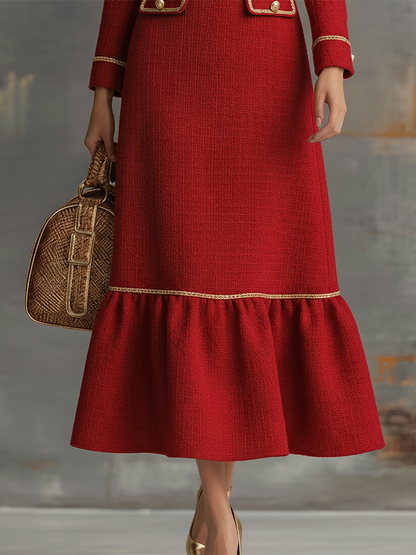 Vintage Gold-trimmed V-neck Tweed Maxi Dress