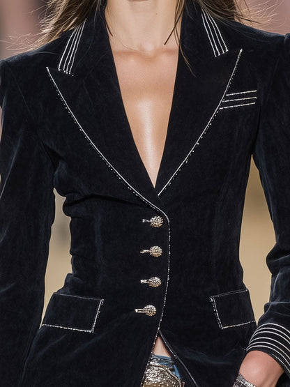 Western-style Black Faux Suede Patchwork Webbing And Button  Blazer