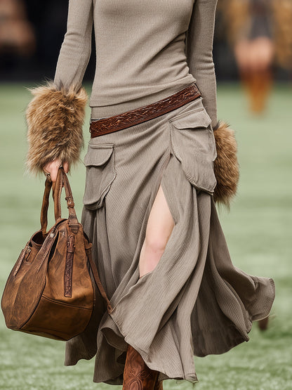 Western-style Casual Plush Cuffs And Slits Khaki Turtleneck Maxi Dress