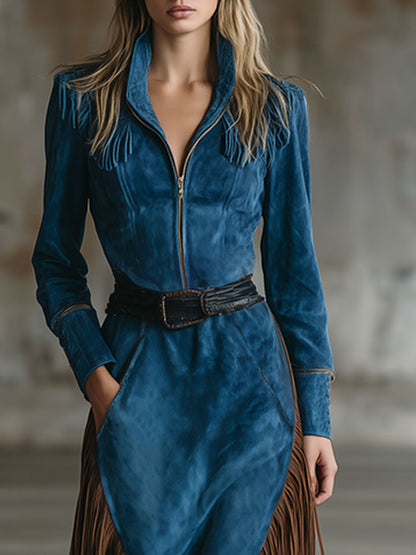 Western Retro Half-Zip Long-Sleeved Dark Blue Faux Suede Tassel Maxi Dress