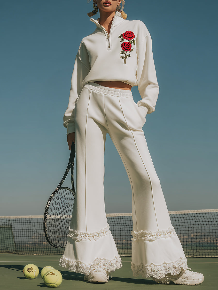 Ballet-inspired Sporty Red Floral Embroidered Lace Patchwork White Sweatshirt And Flared Pants Set